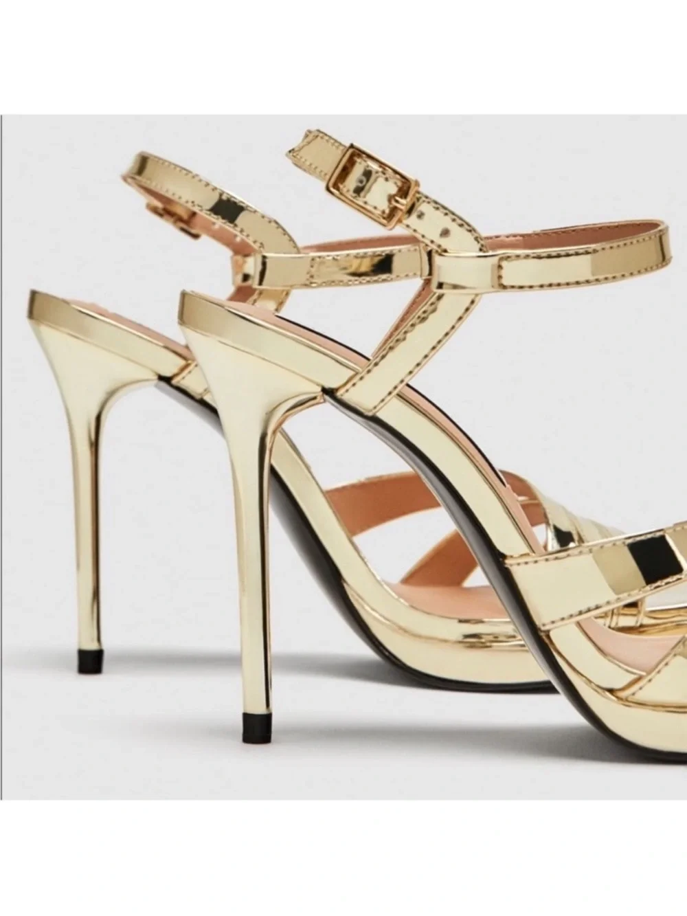 Zara Trafaluc Shiny Metallic Gold Strappy High Heel Sandals